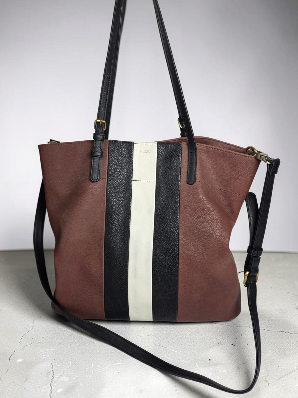 Relic Brown Tote with Black and Cream Center Stripe